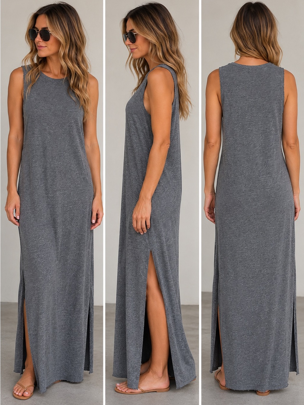 Current/Elliott Heather Gray Tank Maxi Dress Side Slits Size 2